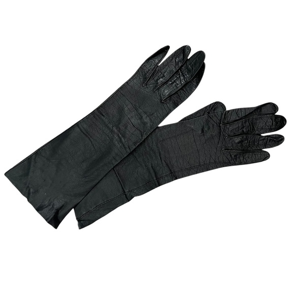 Vintage Made in France kid leather long black 13 inch gloves 6 - Picture 1 of 14